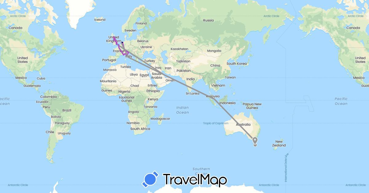 TravelMap itinerary: driving, bus, plane, train, boat in Australia, Switzerland, France, United Kingdom, Italy, Monaco, Netherlands (Europe, Oceania)